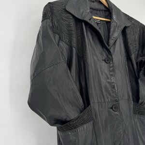 Vintage 80s Embossed Leather Trench Coat Womens L  Duster Oversized Minimalist